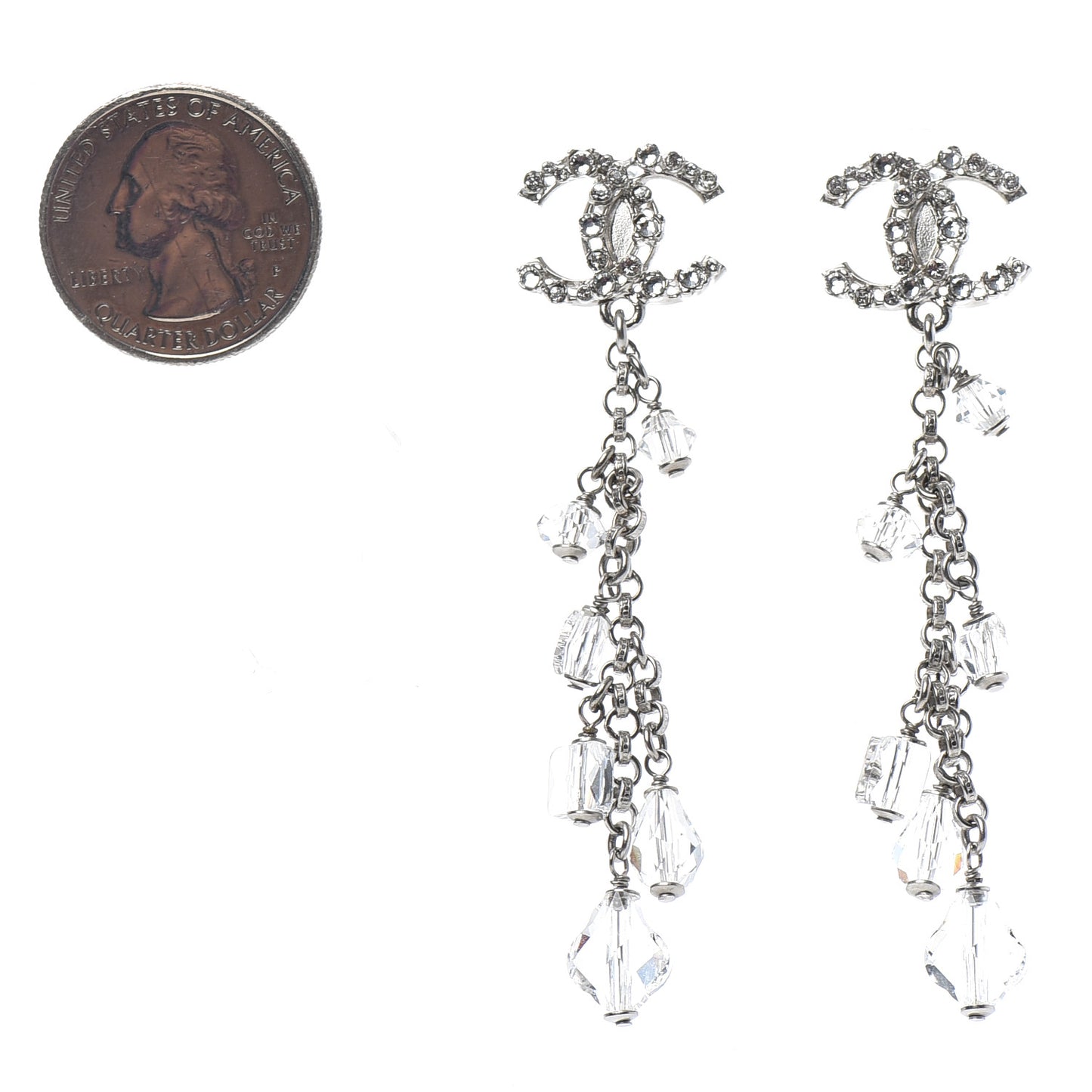 Crystal Bead CC Dangle Earrings Silver