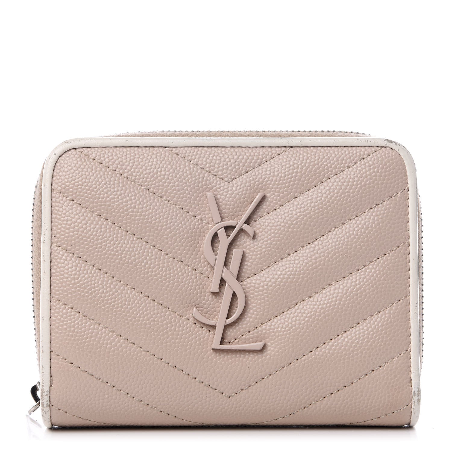 Saint Laurent Grain De Poudre Matelasse Chevron Monogram Compact Zip Around Wallet Pink White 1 of 8