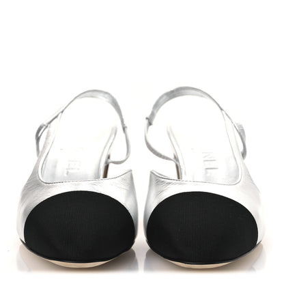 Chanel Laminated Crumpled Lambskin Grosgrain Cap Toe CC Slingback Pumps 37.5 Silver Black 3 of 12
