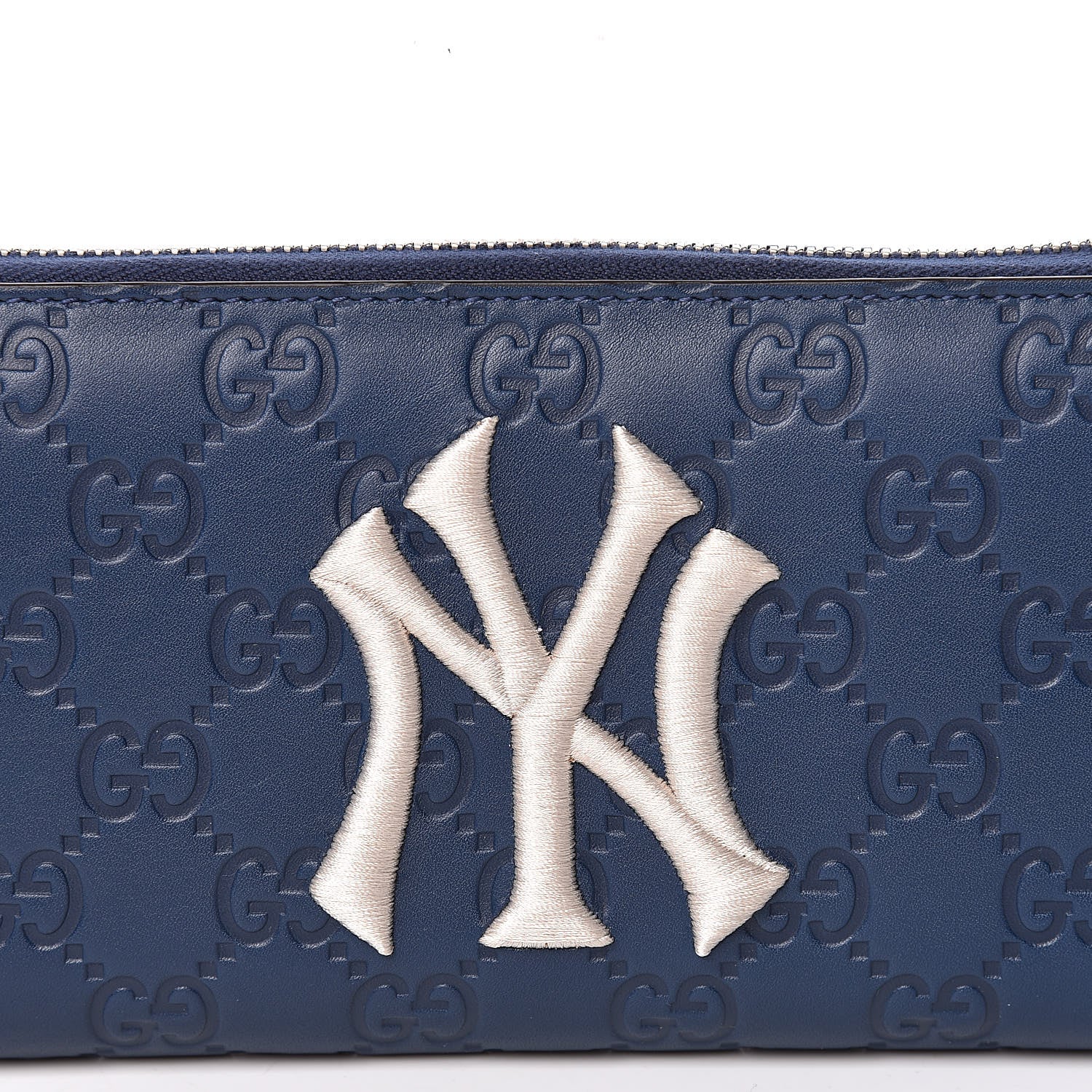 Gucci X MLB Guccissima Signature NY Yankees Embroidered Zip Around Wallet Royale Ivory 9 of 10