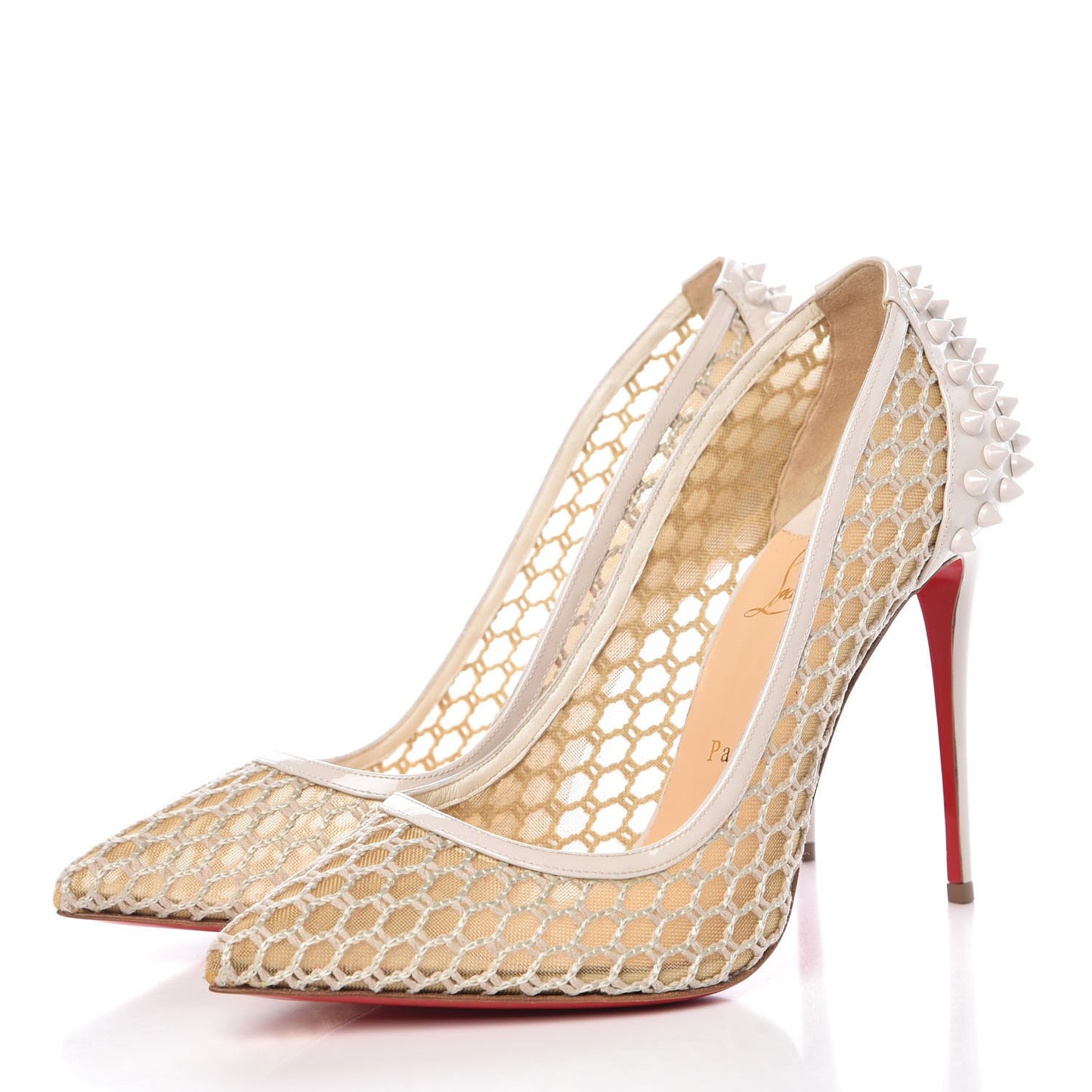 Fishnet Mesh Patent Guni 100 Spiked Pumps 39.5 Beige White Ivory