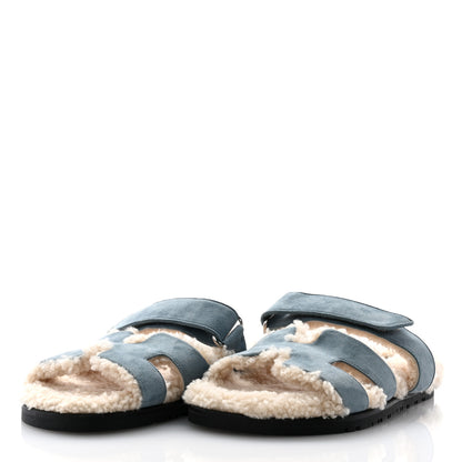 Hermes Suede Goatskin Woolskin Womens Chypre Sandals 38 Bleu Pinede Ecru 3 of 9