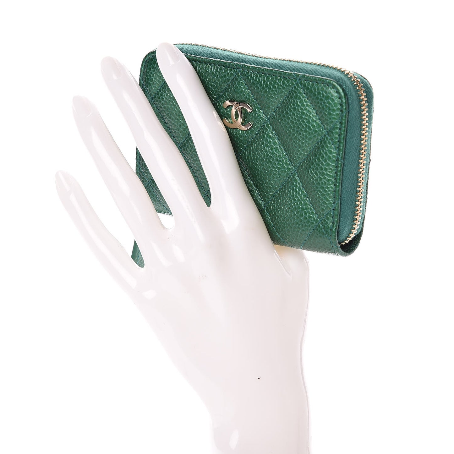 Metallic Caviar Quilted Zip Coin Purse Green
