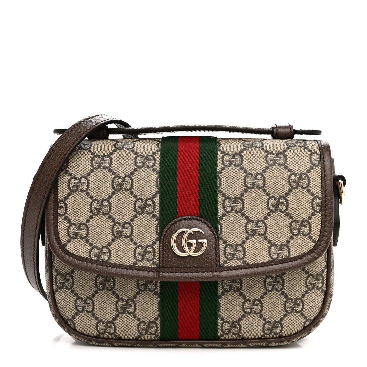 Gucci GG Supreme Monogram Textured Dollar Calfskin Small Ophidia Top Handle Shoulder Bag Beige Brown 1 of 10