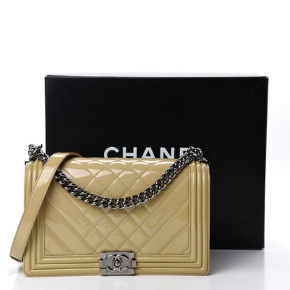 Chanel Patent Chevron Quilted New Medium Boy Flap Light Beige 12 of 12