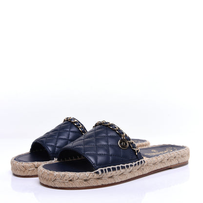 Chanel Lambskin Quilted CC Espadrille Slip On Sandals 37 Navy 5 of 12