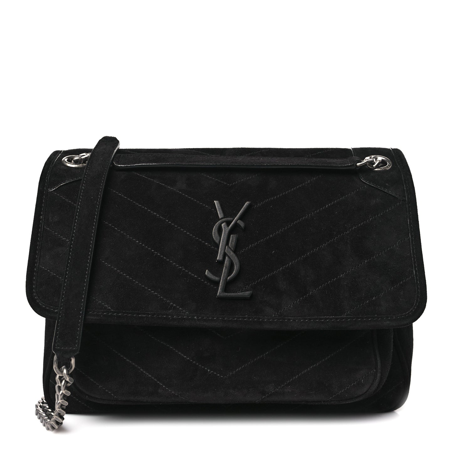 Suede Monogram Medium Niki Chain Satchel Black