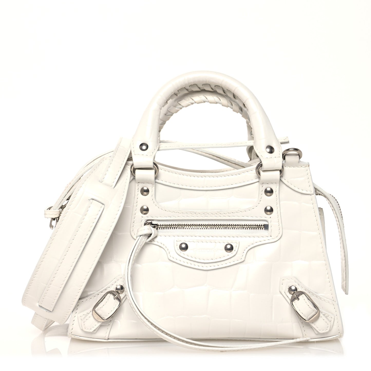 Semi Shiny Calfskin Crocodile Embossed Neo Classic Silver Hardware Mini City White