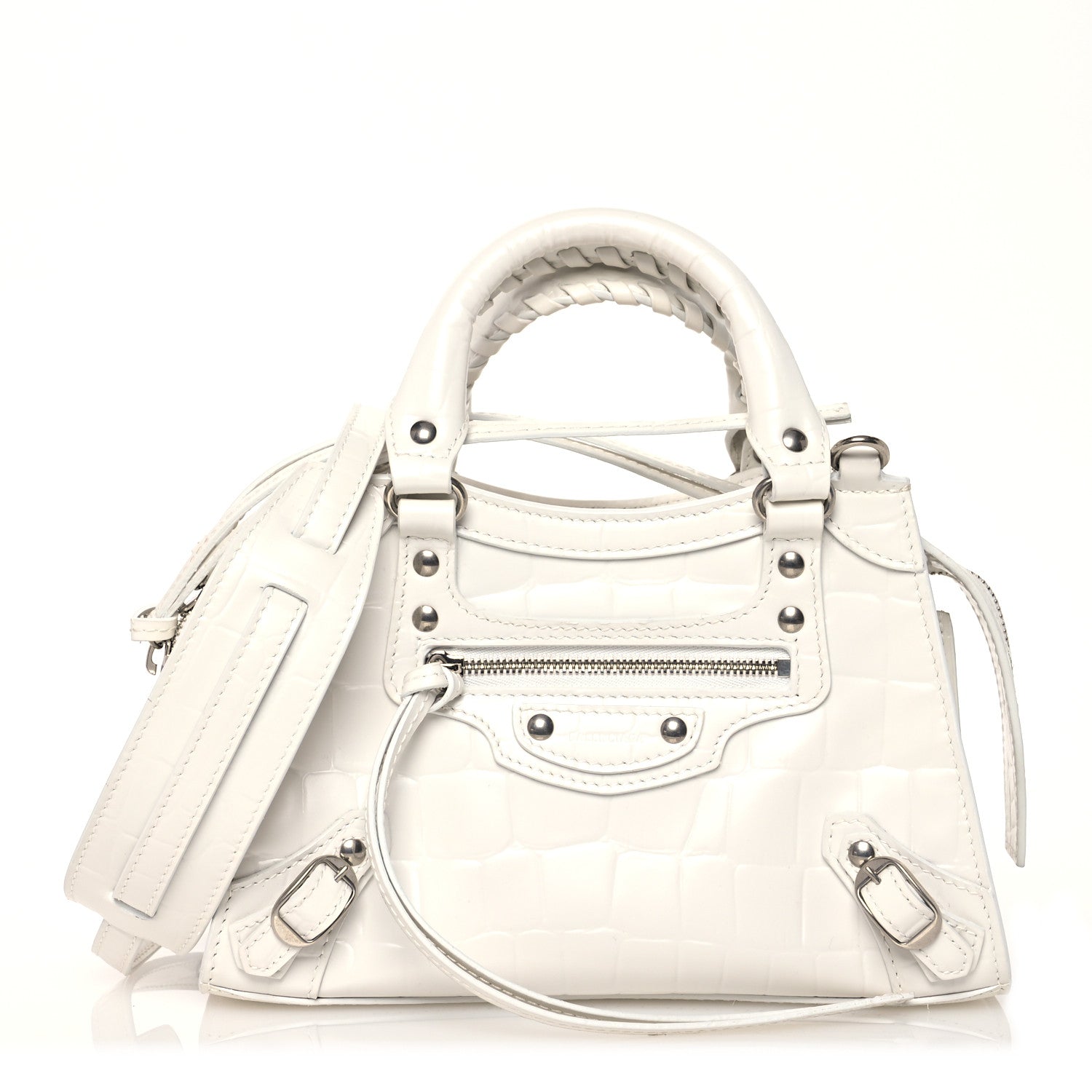 Balenciaga Semi Shiny Calfskin Crocodile Embossed Neo Classic Silver Hardware Mini City White 1 of 12