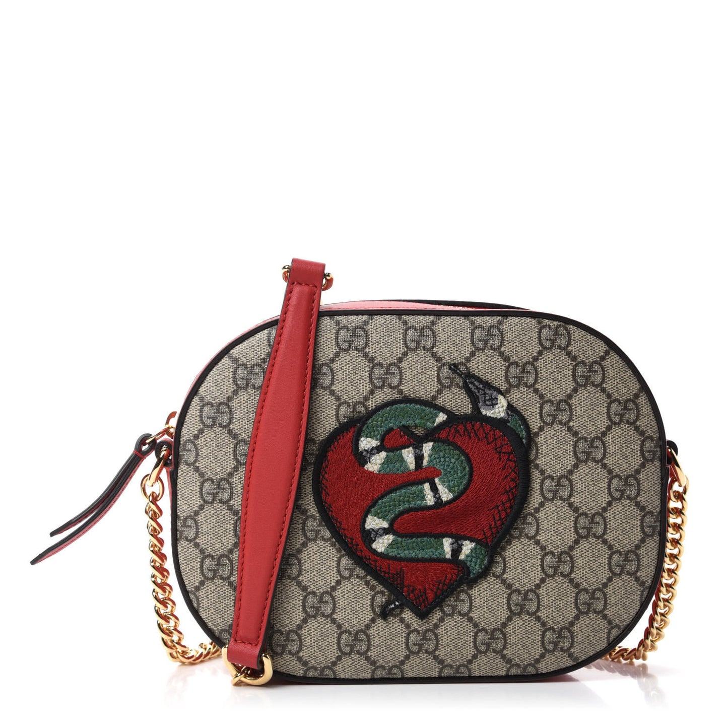 GG Supreme Monogram Kingsnake Heart Embroidered Mini Chain Shoulder Bag Beige Hibiscus Red