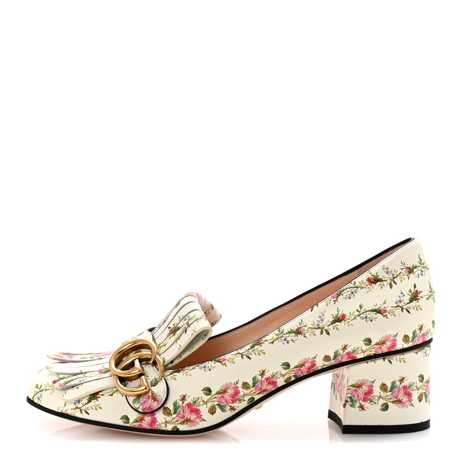 Gucci Calfskin Rose Print GG Marmont Fringe 50mm Loafer Pumps 39.5 Ivory Multicolor 1 of 10