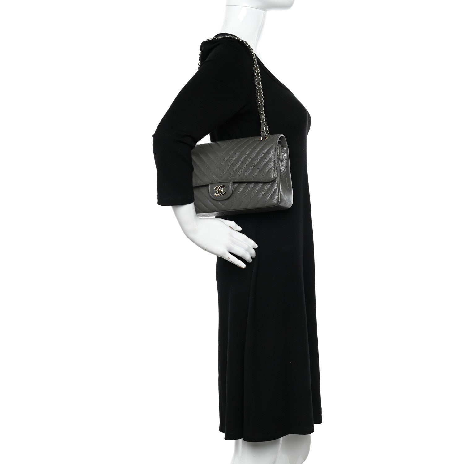 Chanel Caviar Chevron Quilted Medium Double Flap Dark Grey 2 of 11