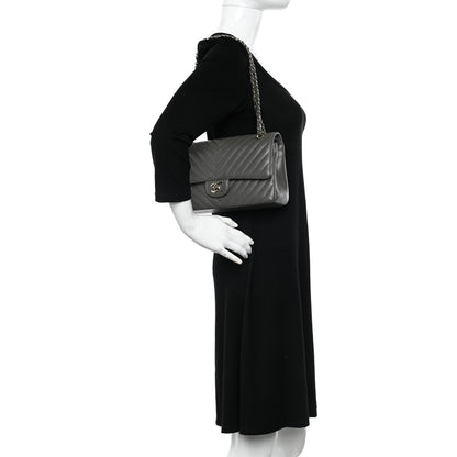 Chanel Caviar Chevron Quilted Medium Double Flap Dark Grey 2 of 11