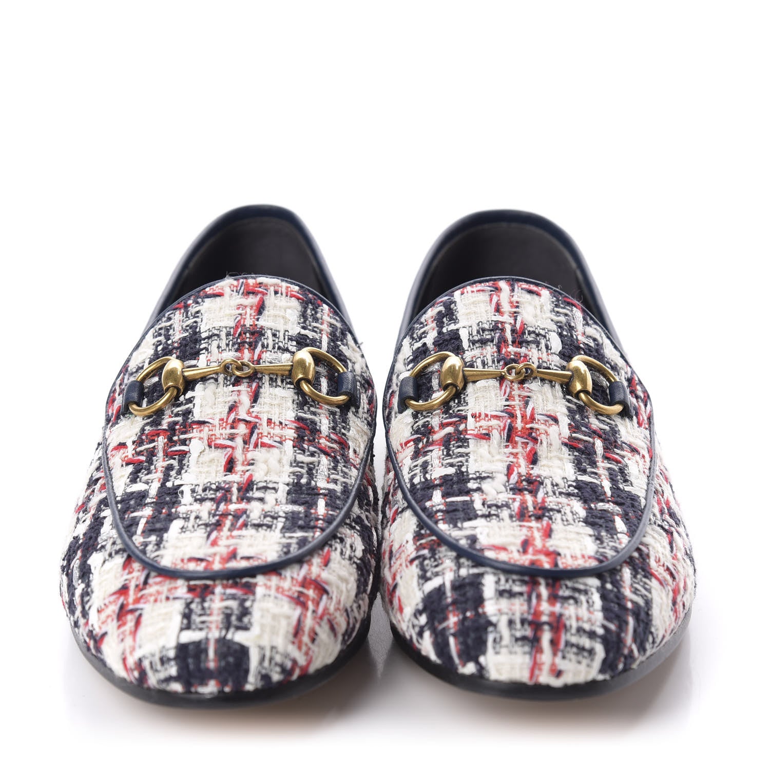 Gucci Tweed Check Horsebit Womens Jordaan Loafers 37 Gardenia Ink Blue Agata 2 of 10