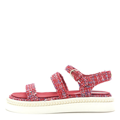 Chanel Tweed Pearl Flat Sandals 36.5 Red 1 of 10