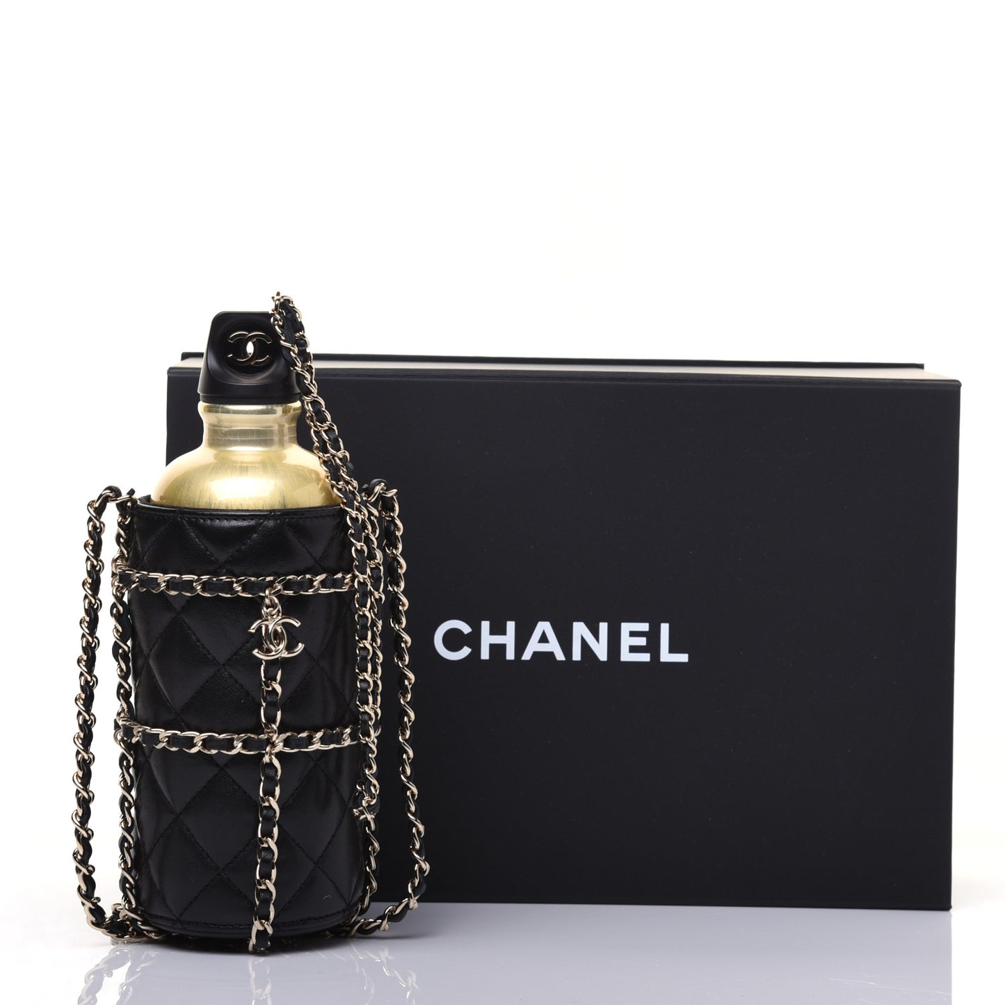 Lambskin Quilted CC To Drink Water Bottle Black Gold