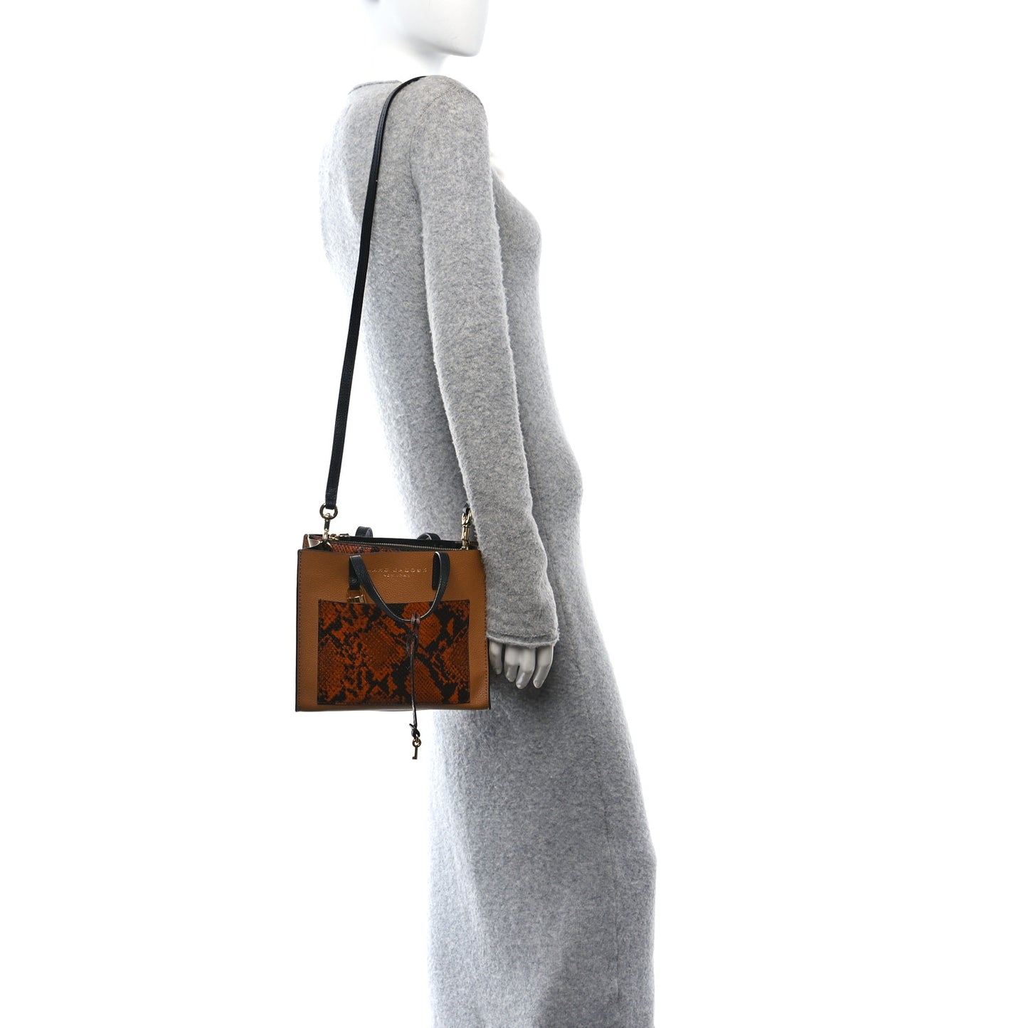 Calfskin Snakeskin Embossed Mini Grid Tote Bag Brown Butter Multicolor