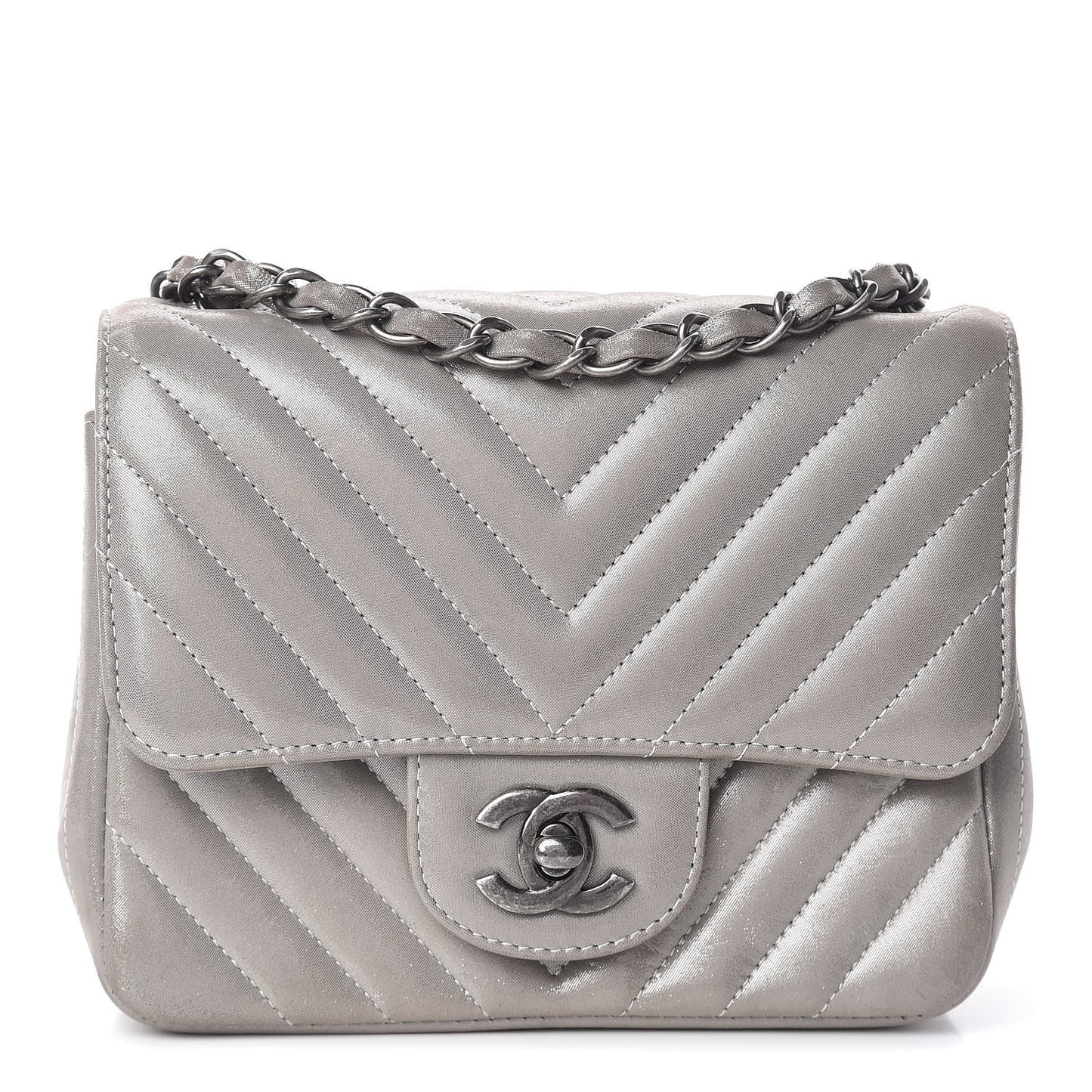 Iridescent Calfskin Chevron Quilted Mini Square Flap Silver