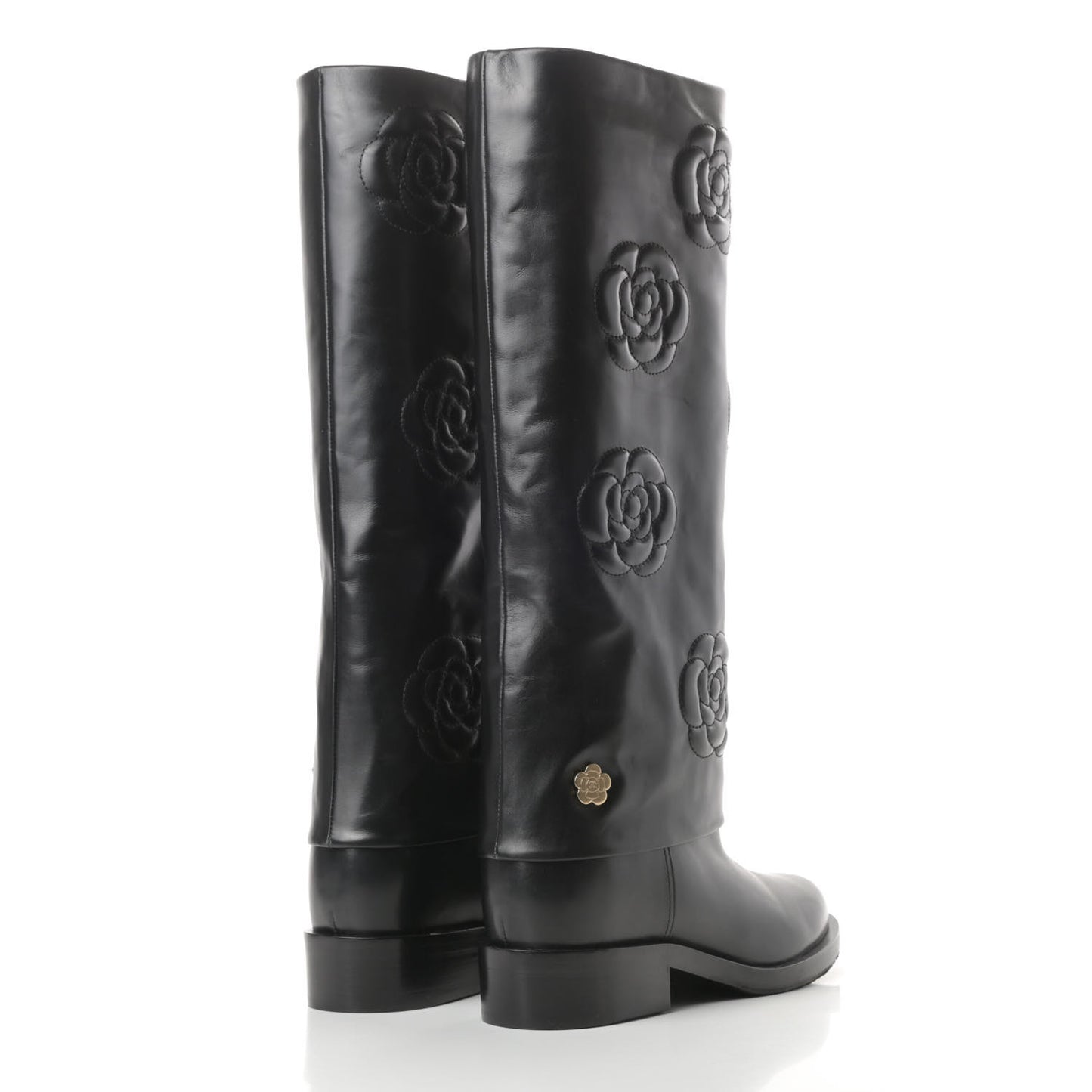 Calfskin Camellia High Boots 37.5 Black
