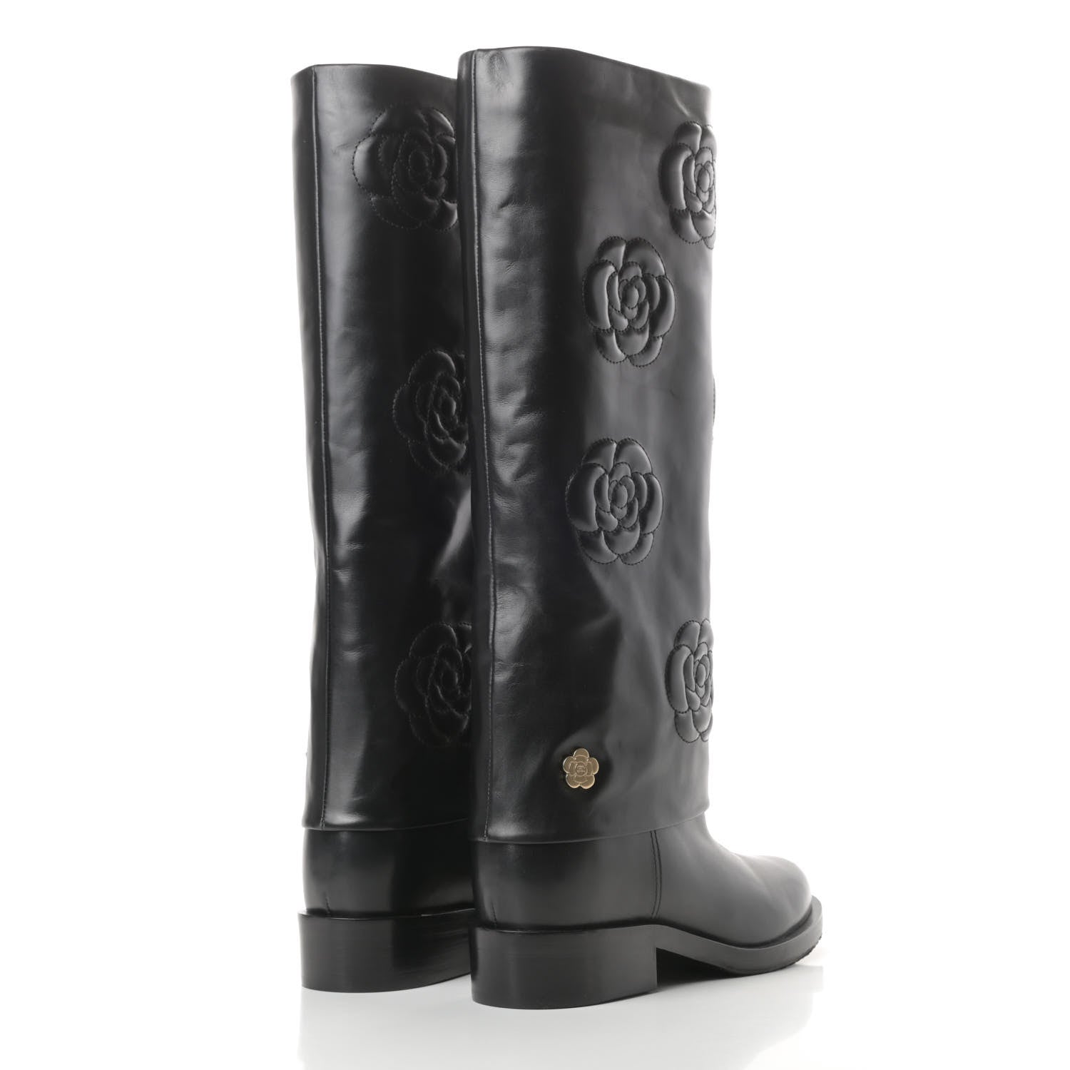 Chanel Calfskin Camellia High Boots 37.5 Black 4 of 12