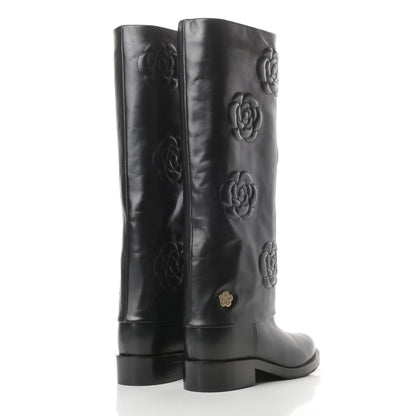 Chanel Calfskin Camellia High Boots 37.5 Black 4 of 12