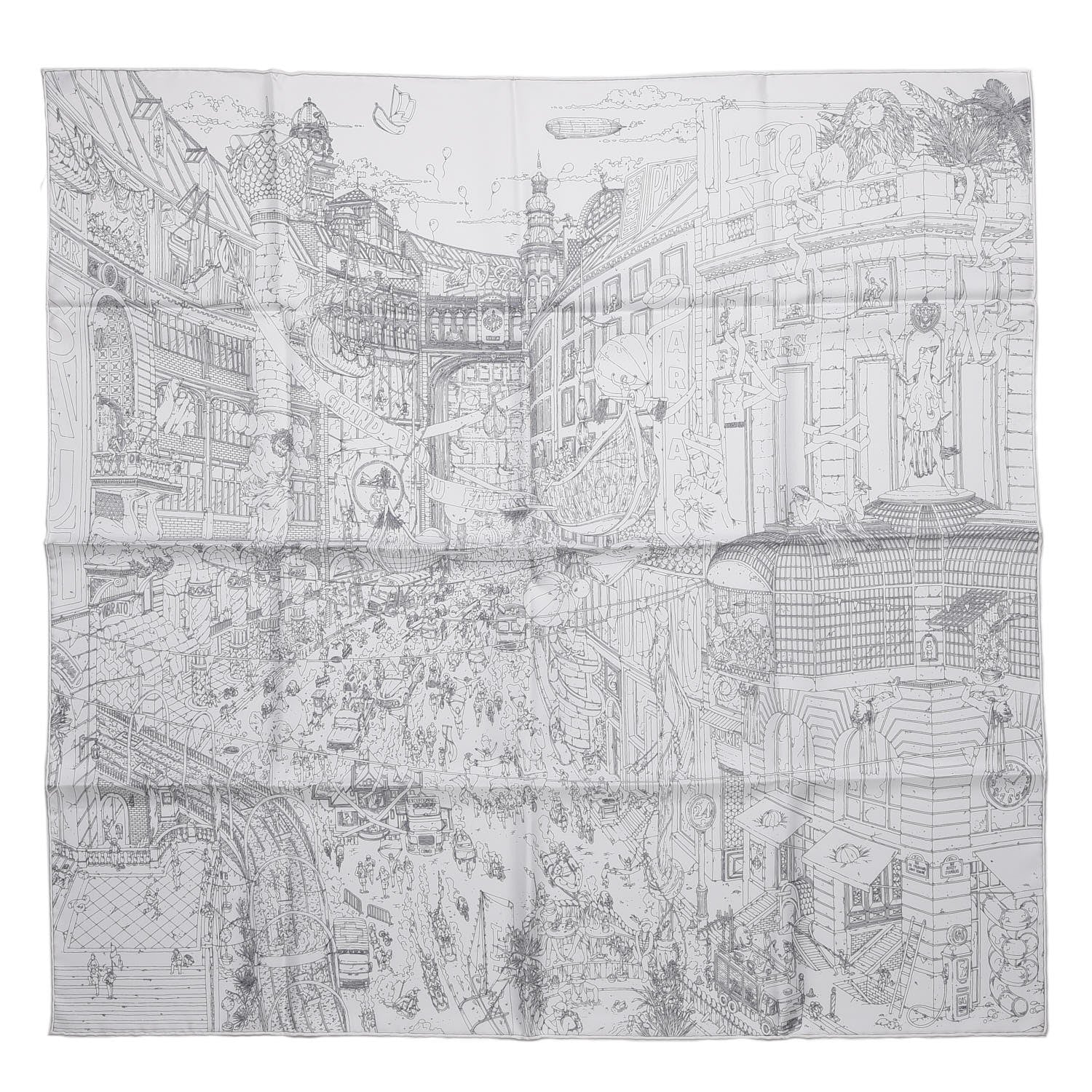Hermes Silk Le Grand Prix Au Faubourg Scarf 90 Blanc Noir Gris 1 of 16