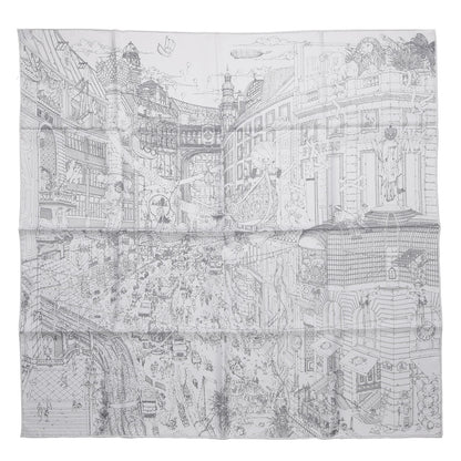 Hermes Silk Le Grand Prix Au Faubourg Scarf 90 Blanc Noir Gris 1 of 16