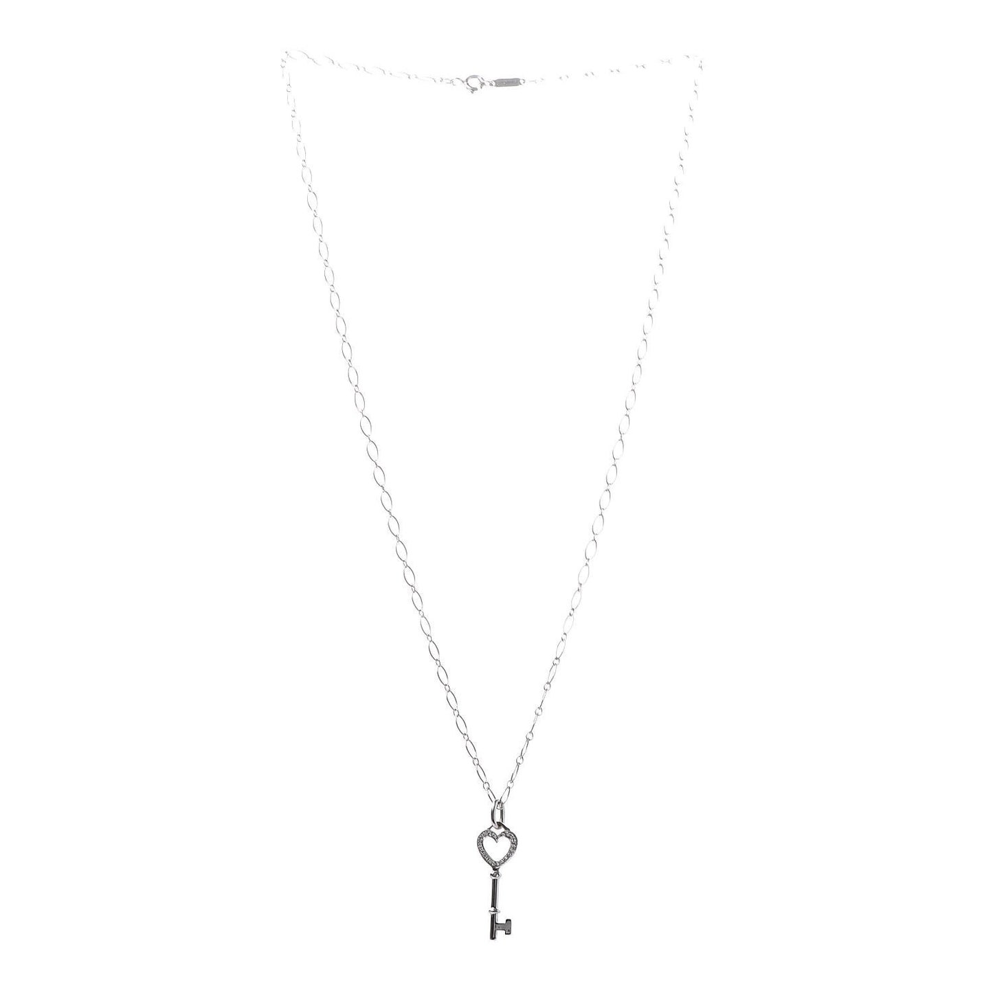 18K White Gold Diamond Mini Heart Key Charm Pendant Link Necklace