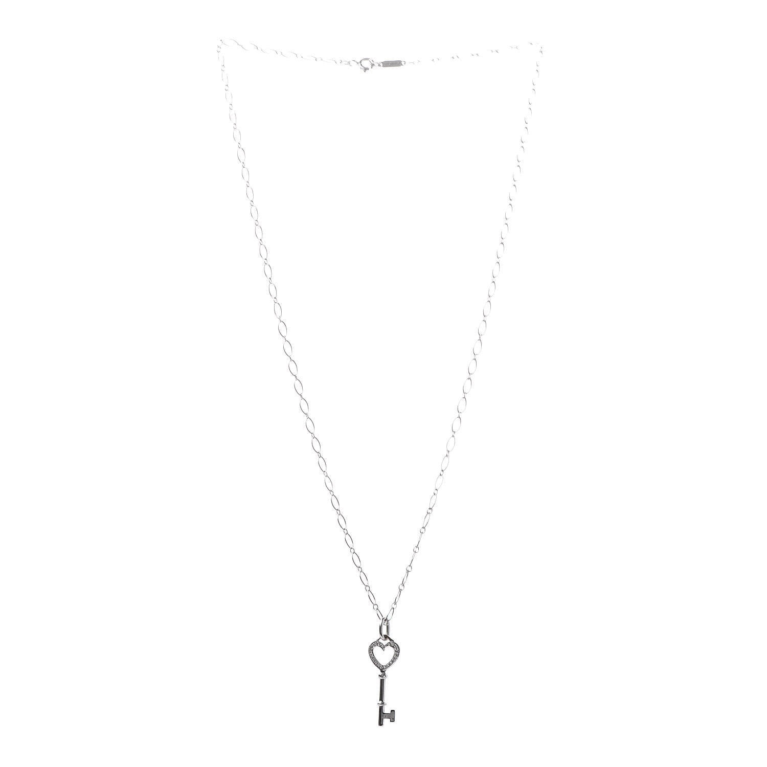 Tiffany 18K White Gold Diamond Mini Heart Key Charm Pendant Link Necklace 3 of 7