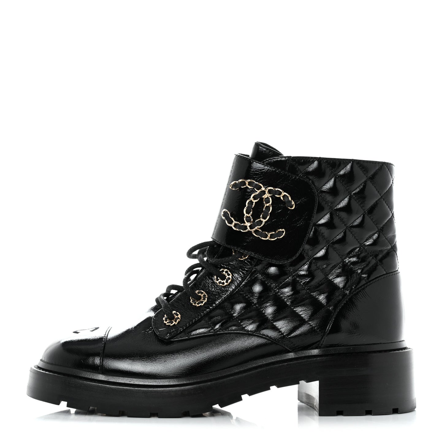 Shiny Calfskin Quilted Lace Up Combat Boots 41 Black