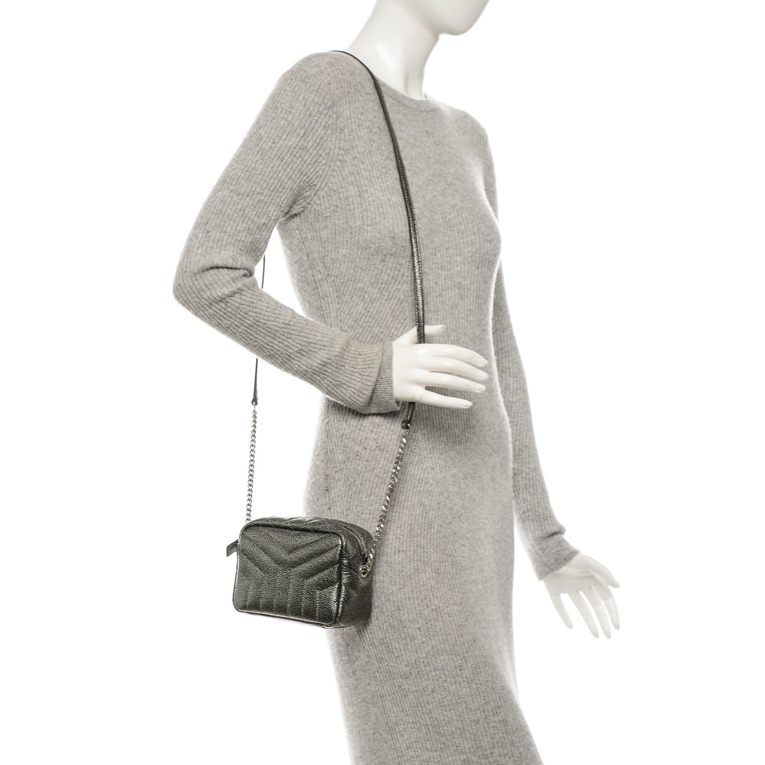 Saint Laurent Metallic Grain De Poudre Y Quilted Monogram Mini Loulou Camera Bag Gun Metal 2 of 6