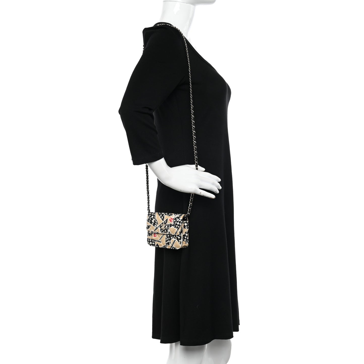 Canvas Check Flag Printed CC Clutch With Chain Beige Multicolor