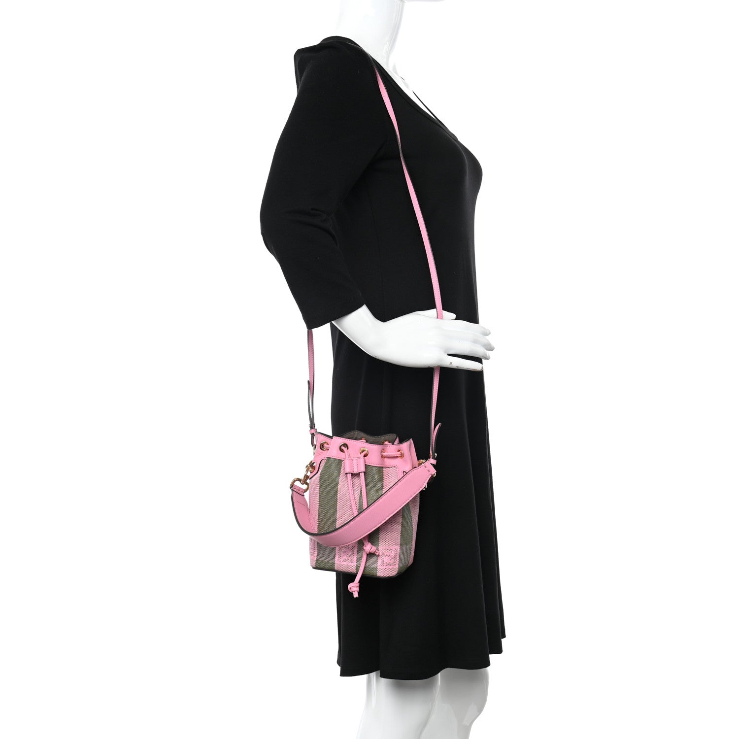 Fendi Raffia Vitello Seta F is Fendi Pequin Gingham Woven Mini Mon Tresor Bucket Bag Military Rosa Lollypop 2 of 10