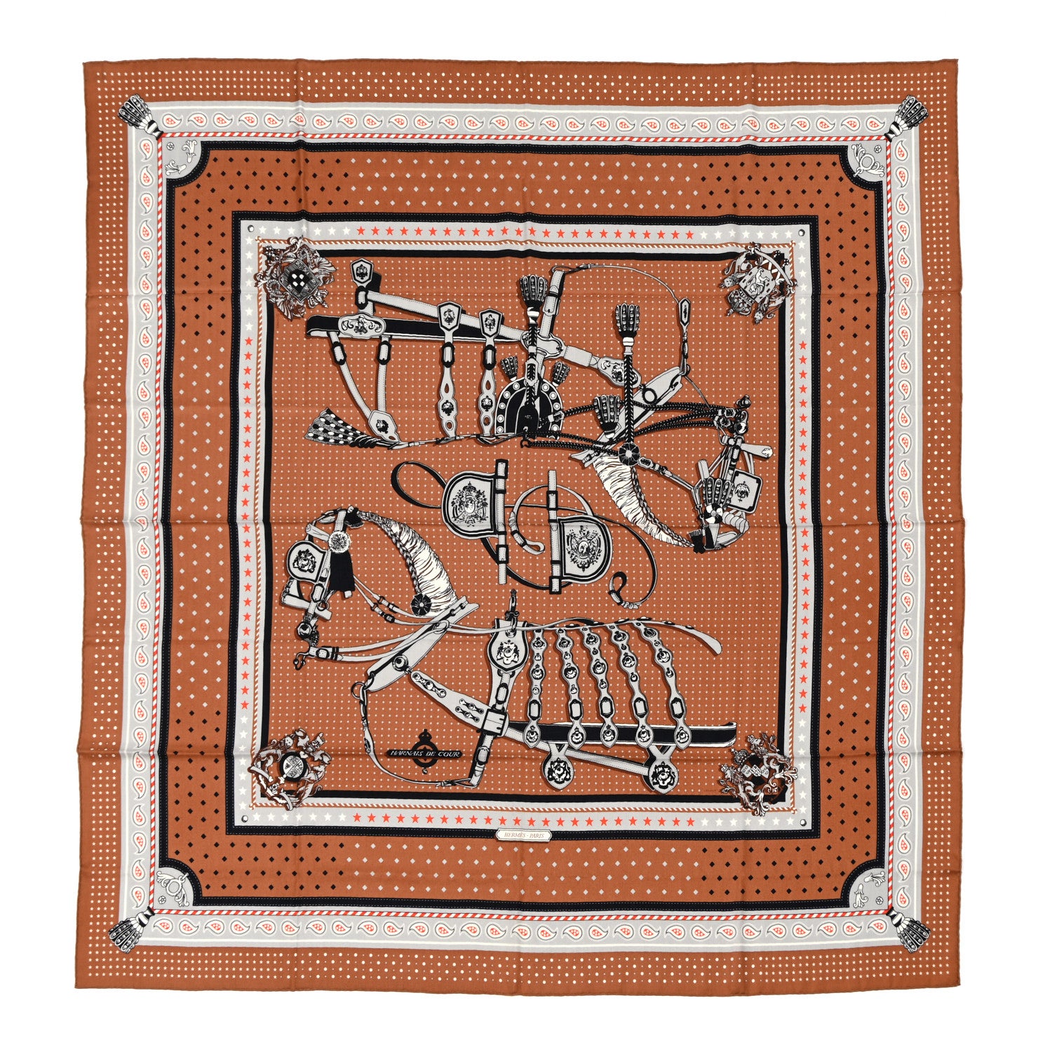 Hermes Cashmere Silk Harnais De Cour Shawl 140 Noisette Gris Perle 1 of 4