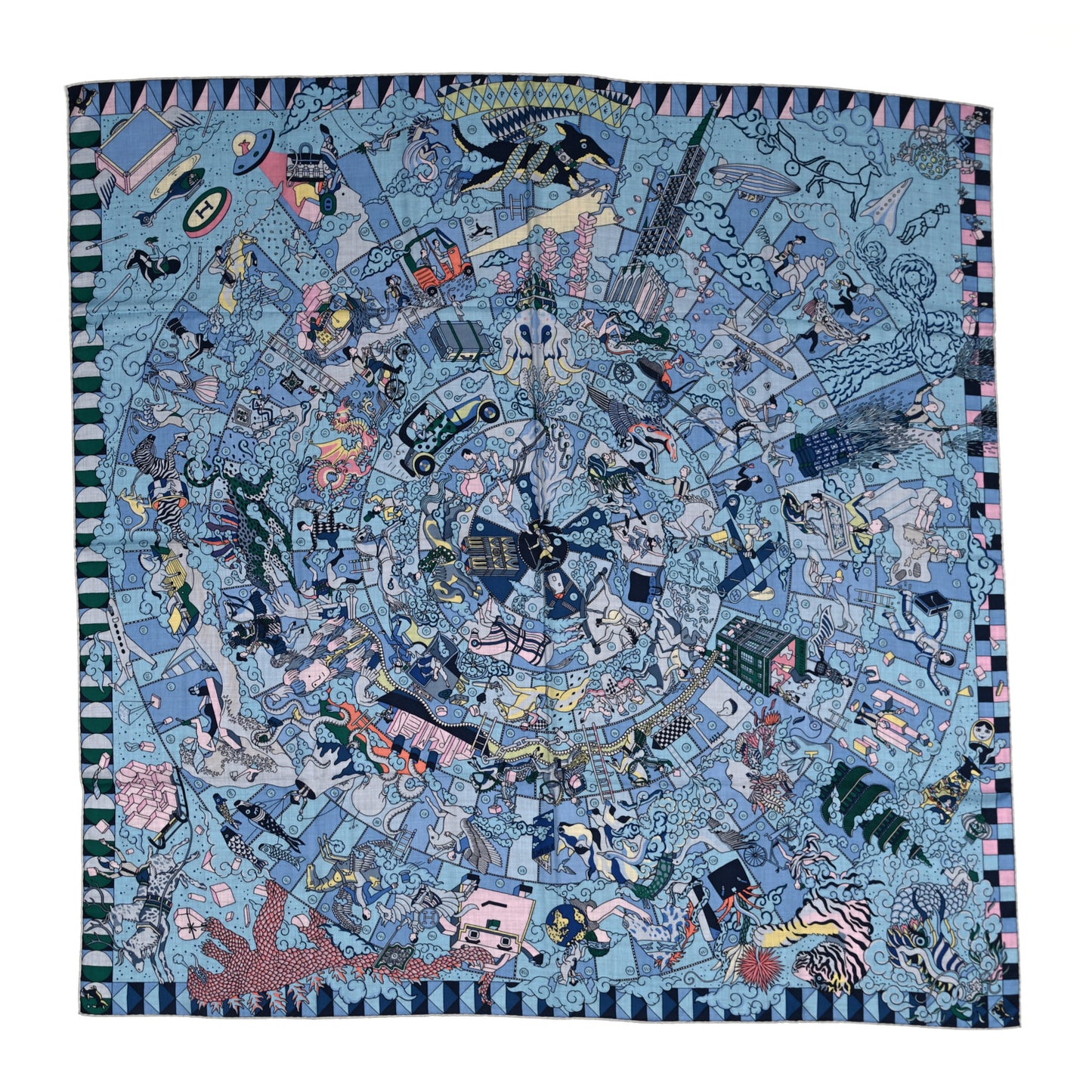 Cashmere Silk L'Epopee D'Hermes Shawl 140 Bleu Ciel Rose Pale