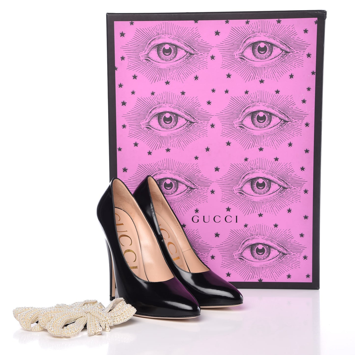 Polished Calfskin Removable Pearly Bow Elaisa Platform High Heel Pumps 37 Black