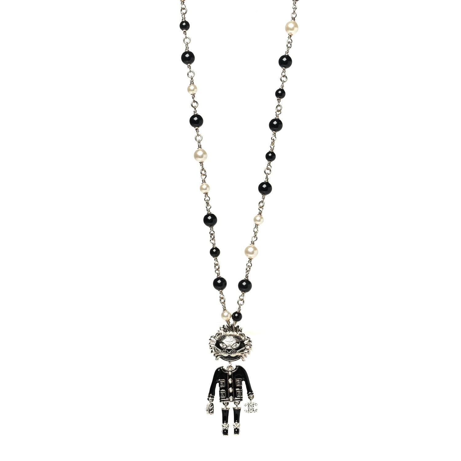 Chanel Gripoix Poured Glass Crystal Bead Pearl CC Lion Pendant Necklace Black Gold 1 of 5