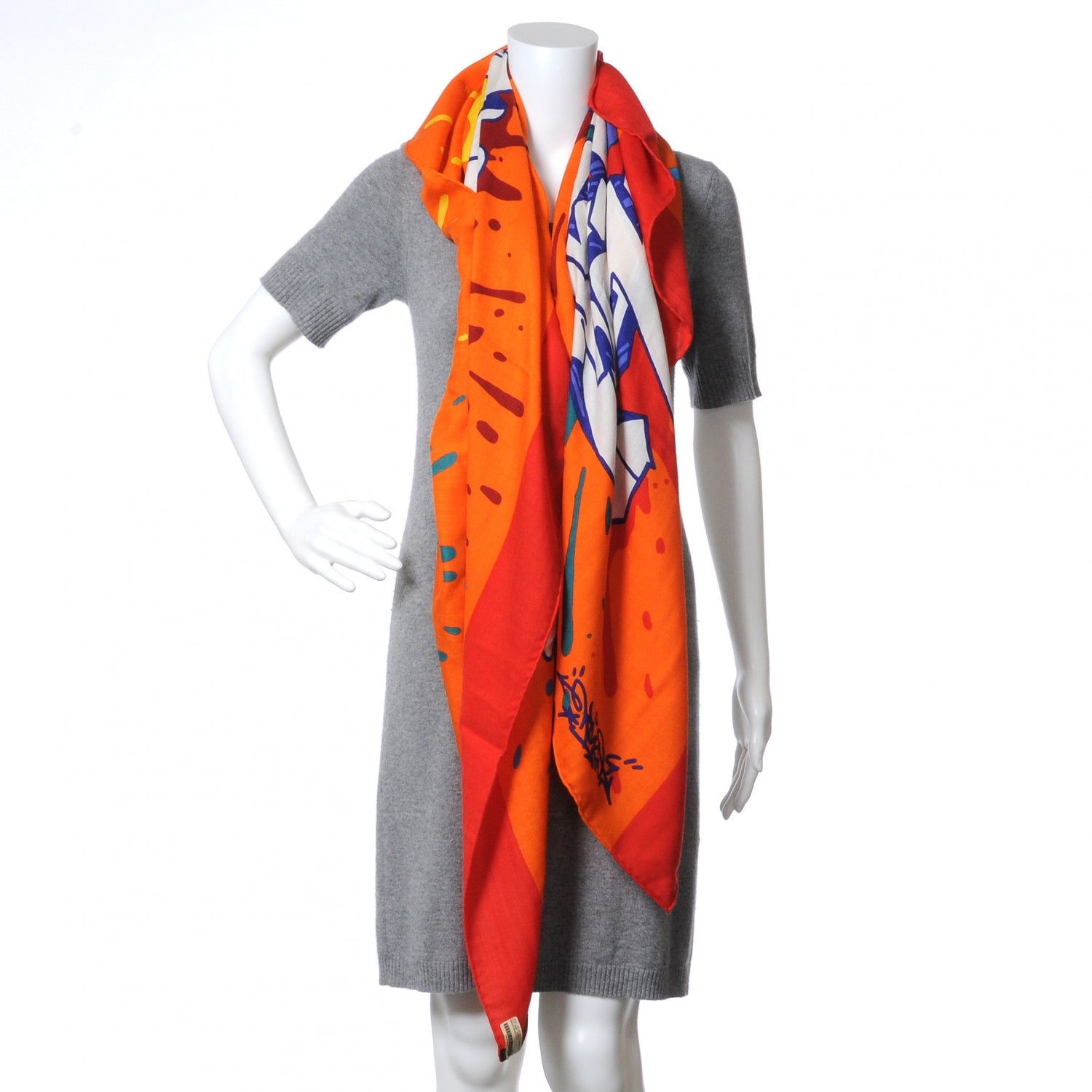 Hermes Silk Cashmere Graff Graffiti Shawl 140 Orange 3 of 6