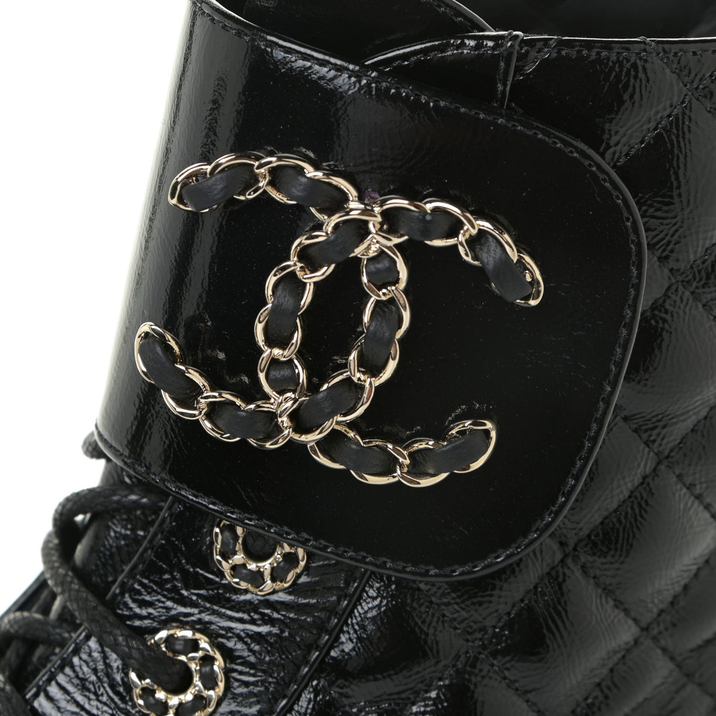 Shiny Calfskin Quilted Lace Up Combat Boots 37 Black