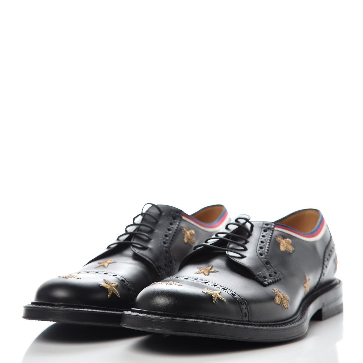 Calfskin Bee Star Embroidered Mens Captoe Derby Loafers 10 Black