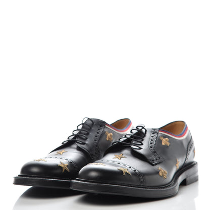 Gucci Calfskin Bee Star Embroidered Mens Captoe Derby Loafers 10 Black 3 of 10