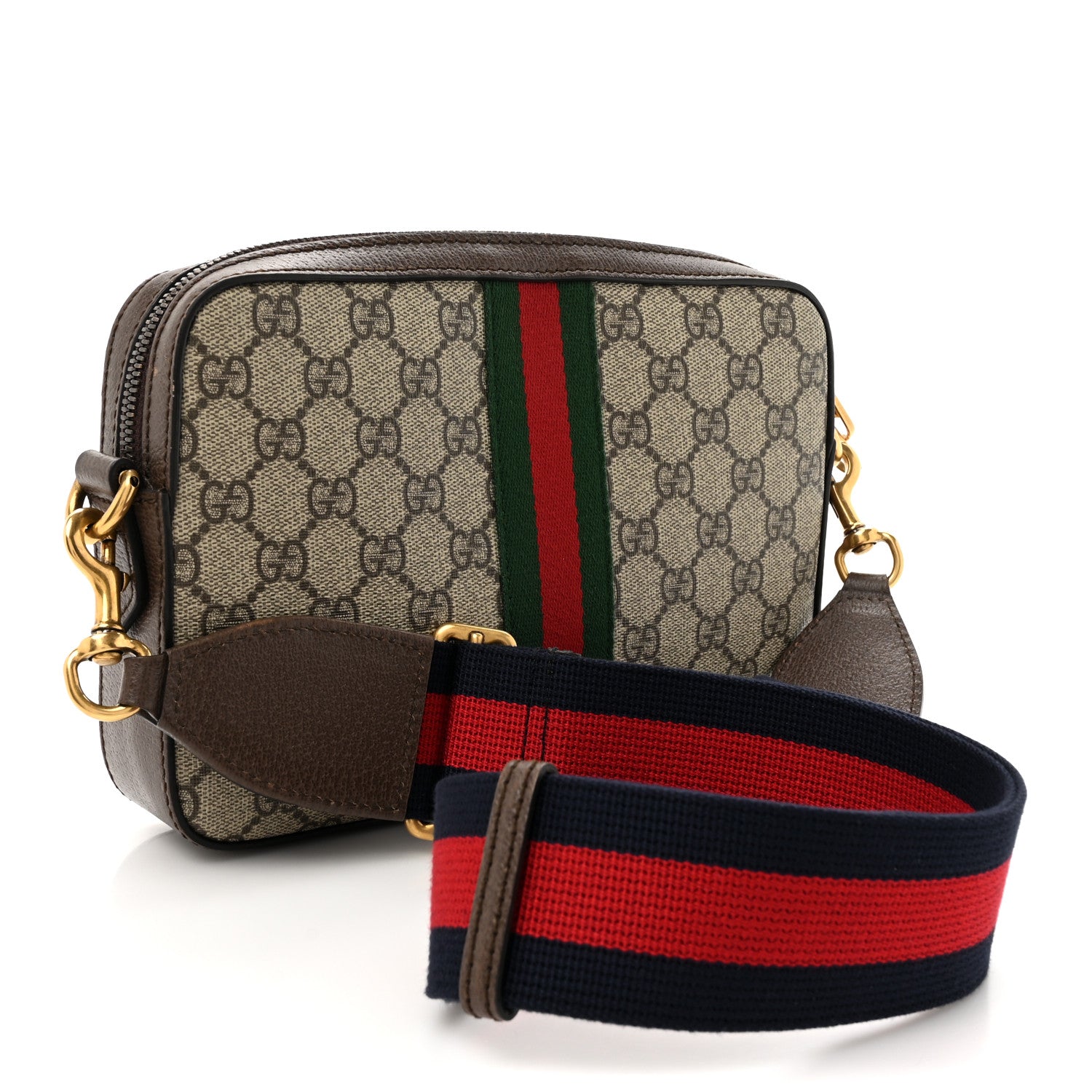 Gucci GG Supreme Monogram Textured Dollar Calfskin Web Ophidia Wristlet Shoulder Bag Beige Ebony New Acero 3 of 13