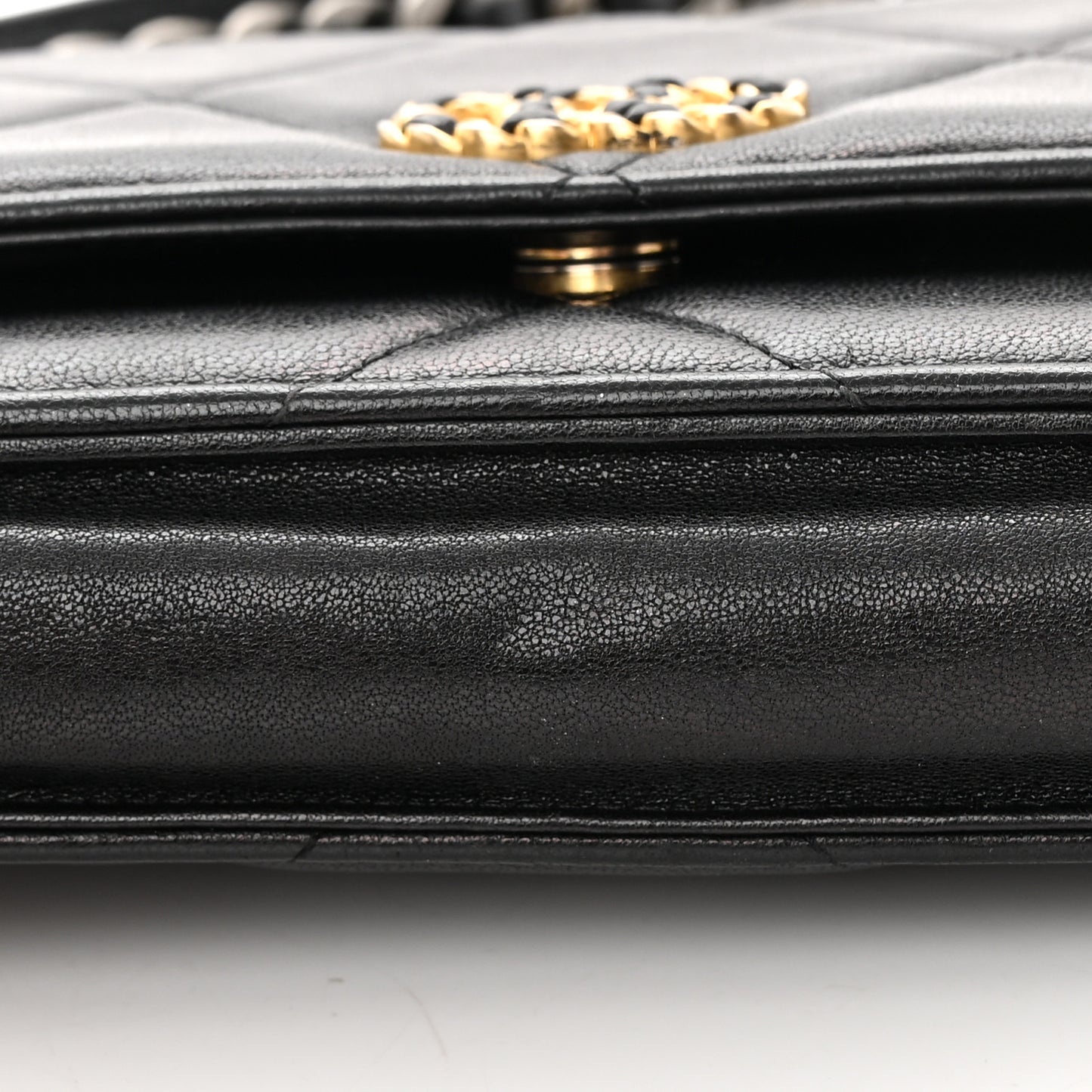 Shiny Goatskin Quilted Chanel 19 Wallet On Chain WOC Black