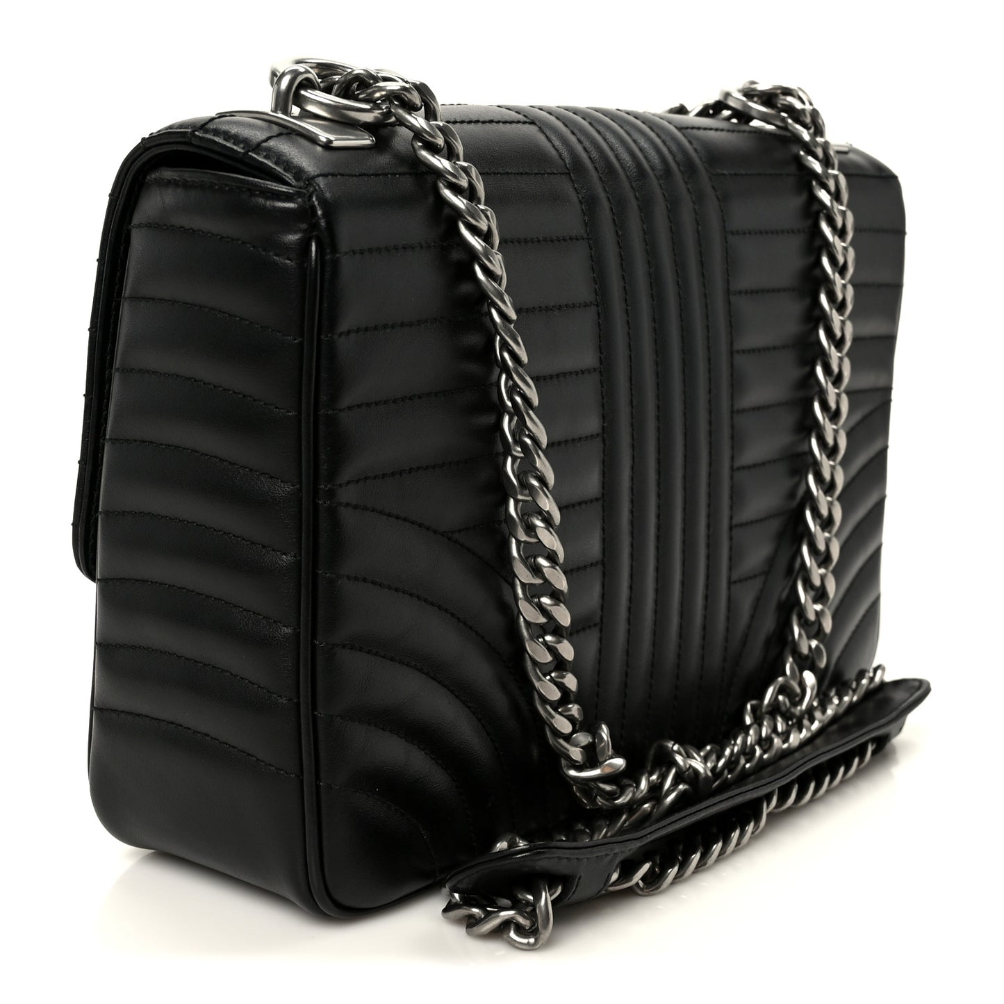 Soft Calfskin Impunture Diagramme Large Chain Flap Shoulder Bag Black