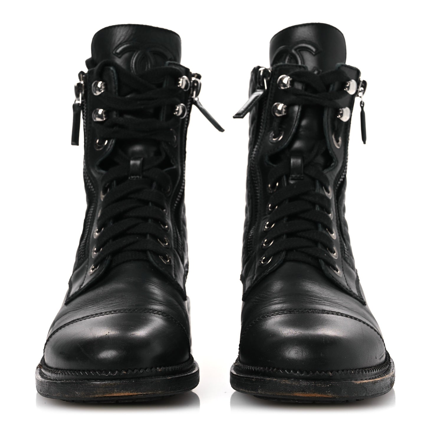 Calfskin Quilted Lace Up Combat Boots 37.5 Black