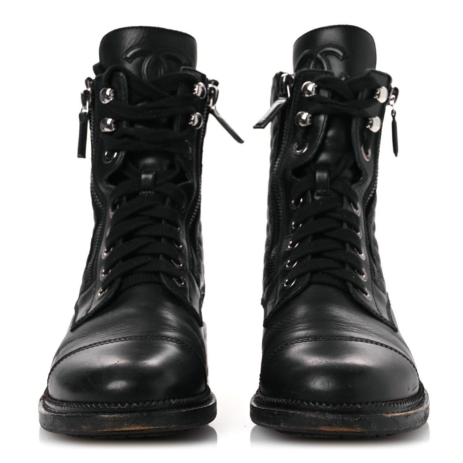Chanel Calfskin Quilted Lace Up Combat Boots 37.5 Black 3 of 15