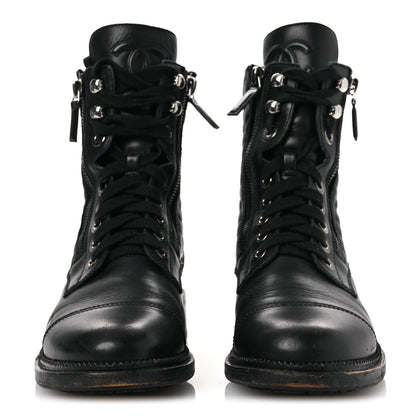 Chanel Calfskin Quilted Lace Up Combat Boots 37.5 Black 3 of 15