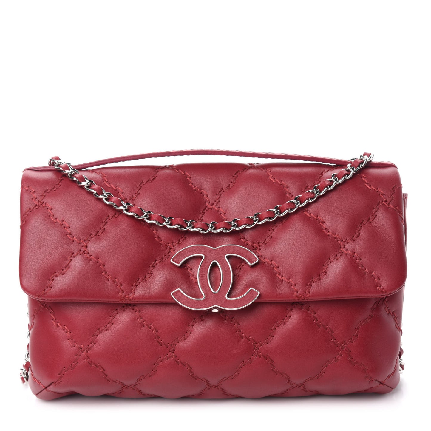 Calfskin Quilted Double Stitch Hamptons Clutch with Chain Red