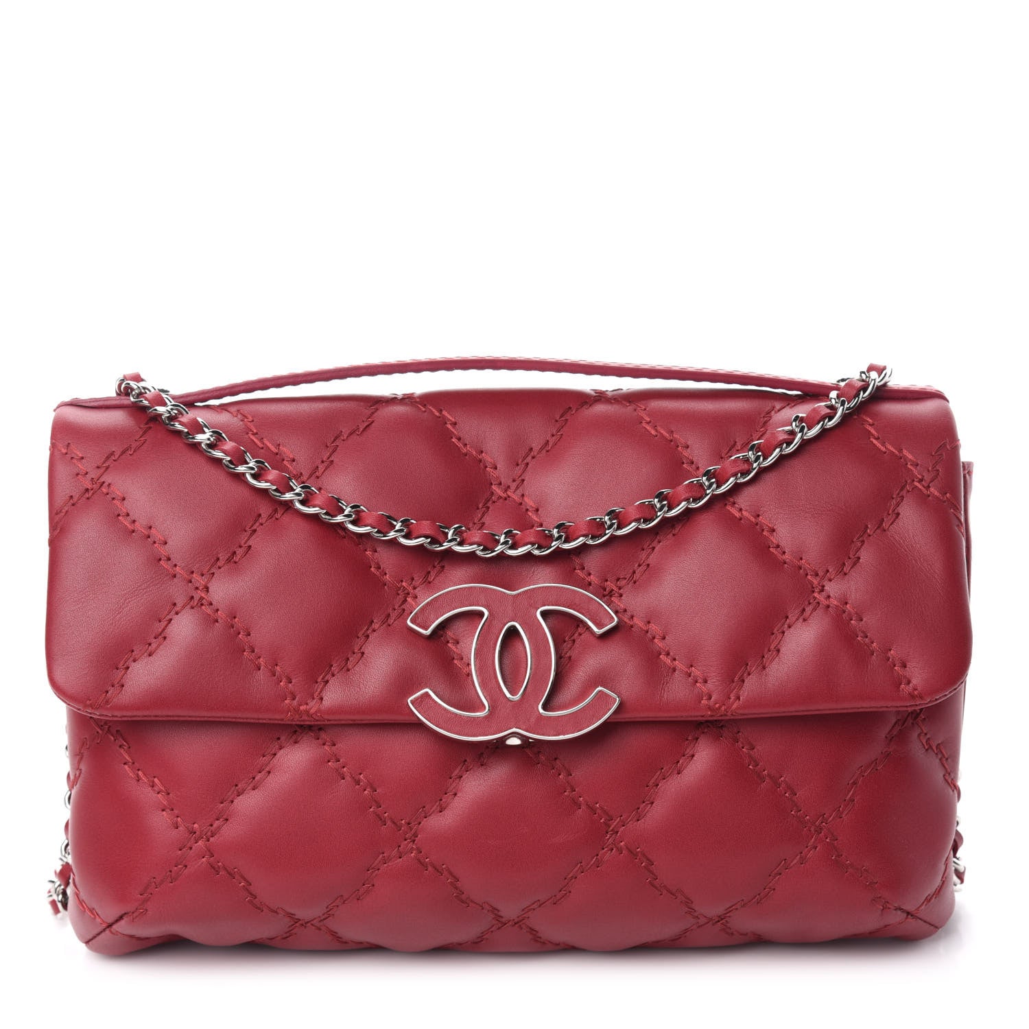 Chanel Calfskin Quilted Double Stitch Hamptons Clutch with Chain Red 1 of 10