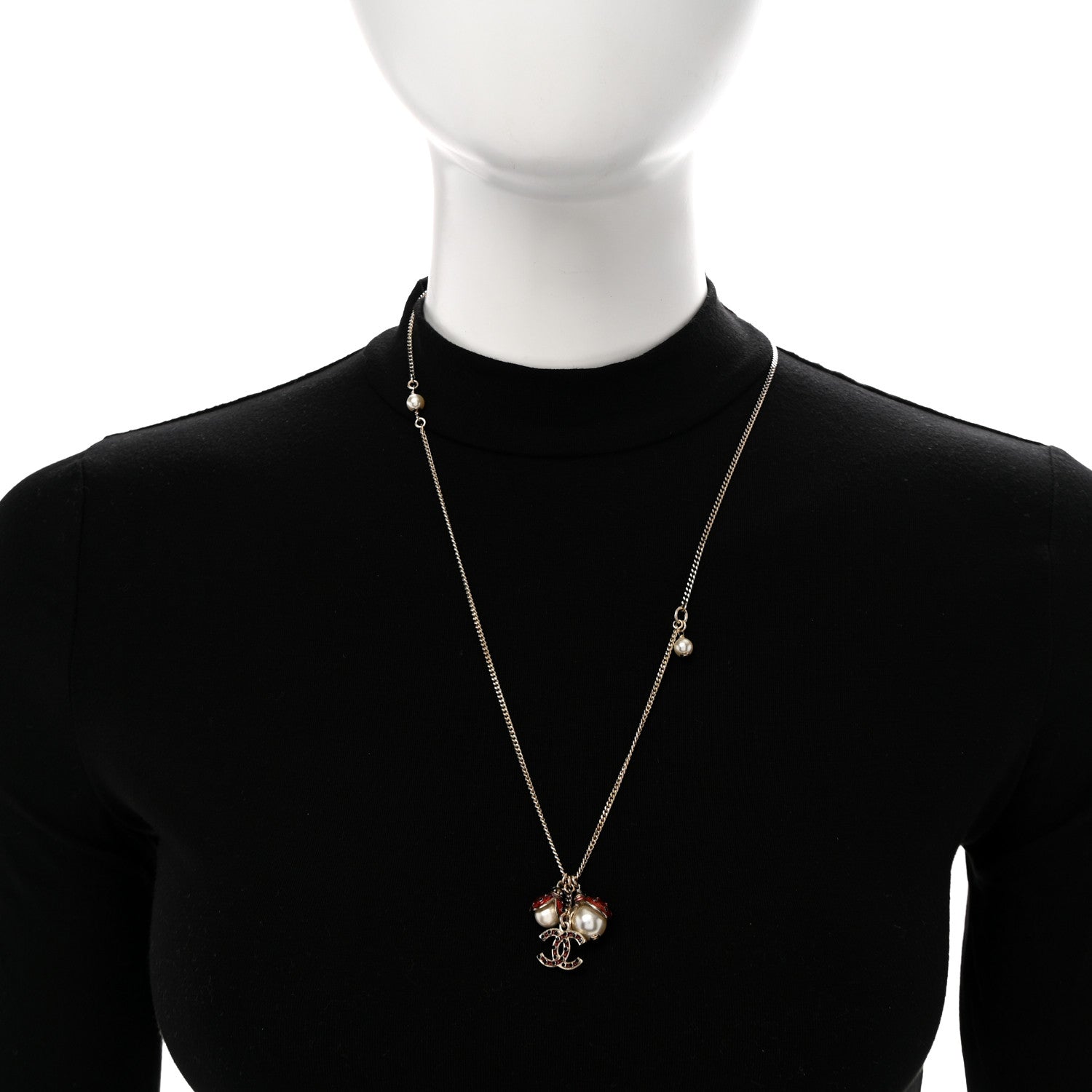 Chanel Enamel Pearl CC Ladybug Necklace Gold Red 2 of 7